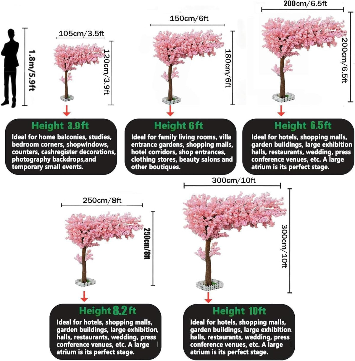 Japanese Artificial Cherry Tree Artificial Cherry Blossom Trees Fake Cherry Blossom Tree Indoor Outdoor Home Office Party Wedding,5.9x4.9ft