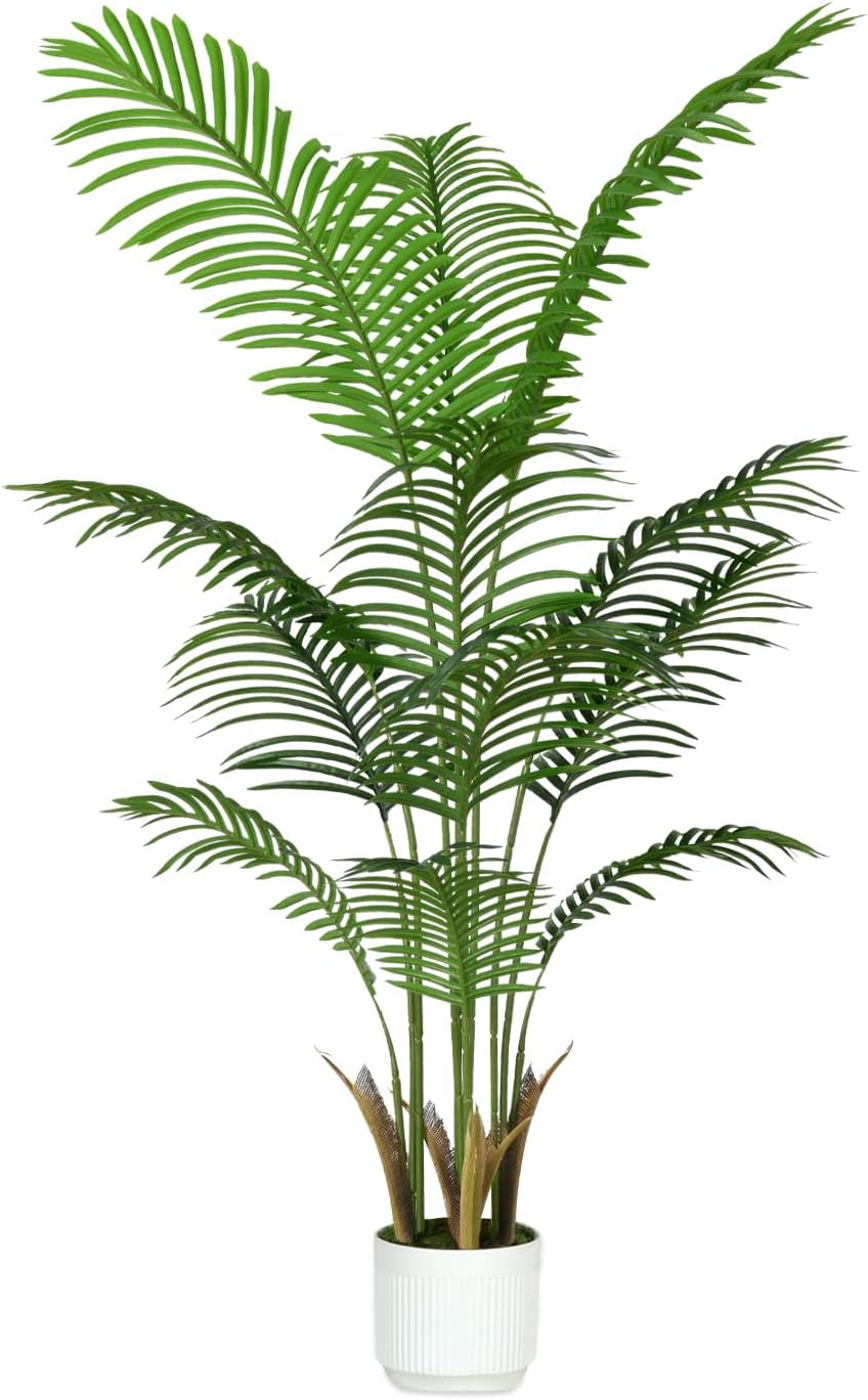 4FT Artificial Palm Tree Indoor with White Pot, Realistic Leaves, 9 Trunks Adjustable Branches, Tall Faux Fake Palm Plant, Ideal for Living Room Bedroom Office Home Interior Aesthetic Decor
