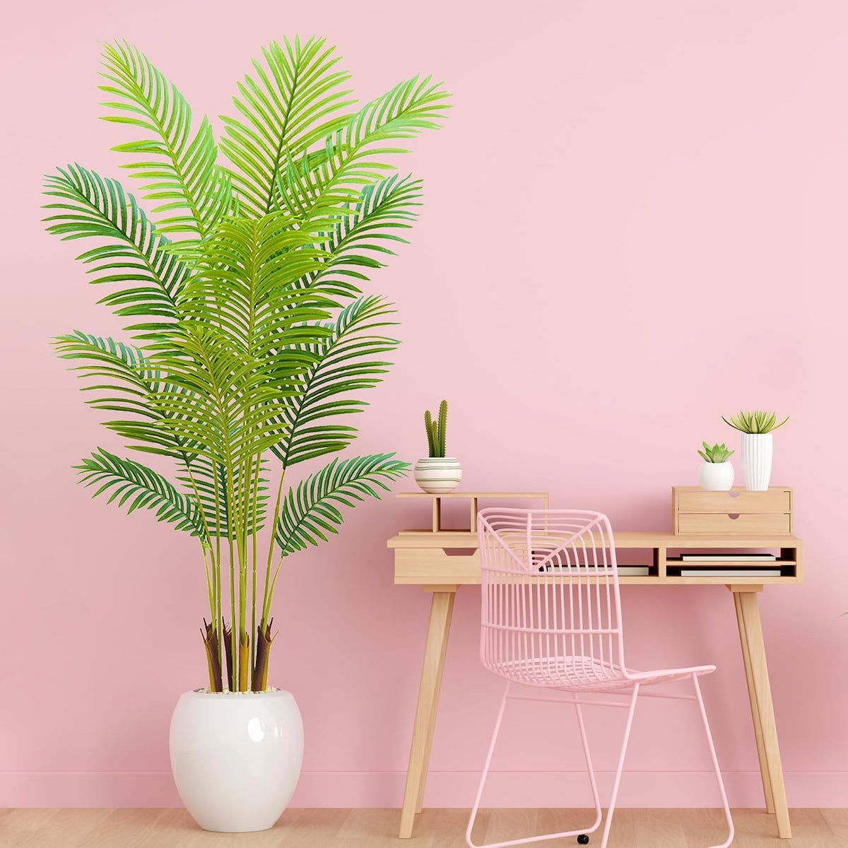 4FT Artificial Palm Tree Indoor with White Pot, Realistic Leaves, 9 Trunks Adjustable Branches, Tall Faux Fake Palm Plant, Ideal for Living Room Bedroom Office Home Interior Aesthetic Decor