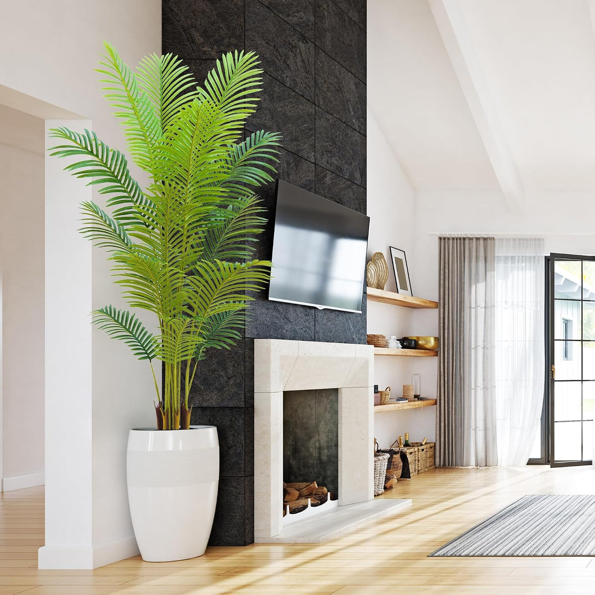 4FT Artificial Palm Tree Indoor with White Pot, Realistic Leaves, 9 Trunks Adjustable Branches, Tall Faux Fake Palm Plant, Ideal for Living Room Bedroom Office Home Interior Aesthetic Decor