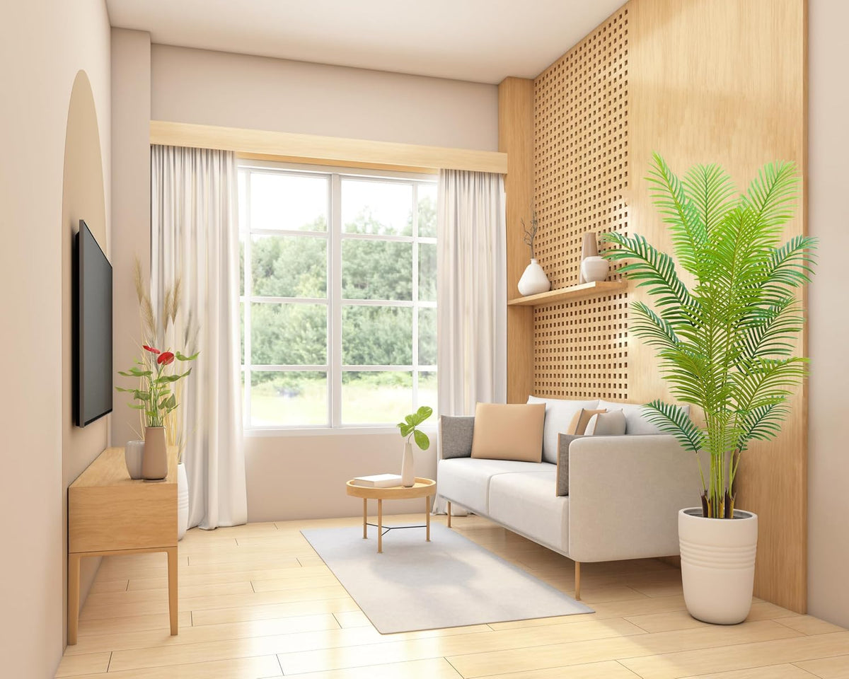 4FT Artificial Palm Tree Indoor with White Pot, Realistic Leaves, 9 Trunks Adjustable Branches, Tall Faux Fake Palm Plant, Ideal for Living Room Bedroom Office Home Interior Aesthetic Decor