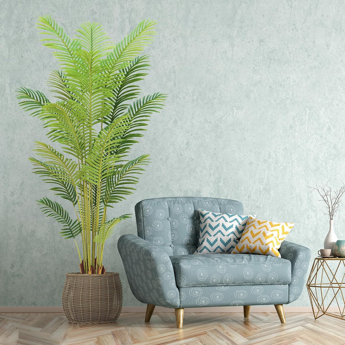 4FT Artificial Palm Tree Indoor with White Pot, Realistic Leaves, 9 Trunks Adjustable Branches, Tall Faux Fake Palm Plant, Ideal for Living Room Bedroom Office Home Interior Aesthetic Decor