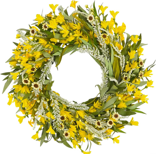 24 Inch Spring Yellow Forsythia Flower Wreath for Front Door with Green Leaves, All Season Door Decor Wreath with Yellow Sunflower Greenery Leaves for Indoor Outdoor