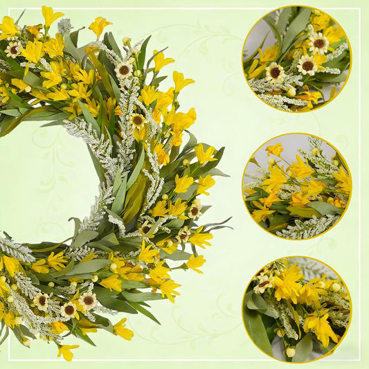 24 Inch Spring Yellow Forsythia Flower Wreath for Front Door with Green Leaves, All Season Door Decor Wreath with Yellow Sunflower Greenery Leaves for Indoor Outdoor