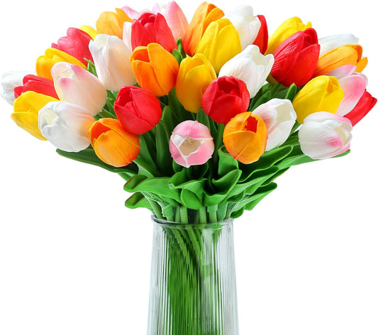 20 Pcs Tulips Artificial Flowers 14" PU Real Touch Fake Tulips for Spring Easter Decor Home Living Room Wedding Centerpiece Bouquet Mother's Gift Day Decotationgs (Colorful)
