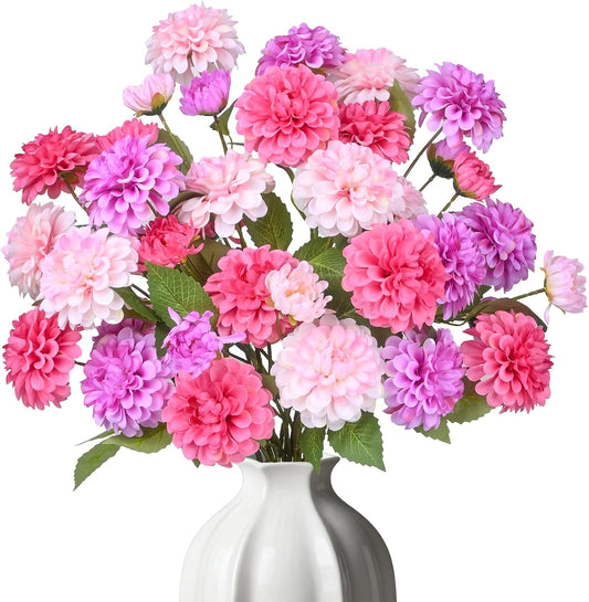 Artificial Flowers for Vase,12 Bunches Fake 27.5“ Long Stems Silk Pompon Dahlia For Indoor Outdoors Home Decor, Front Door Porches Yard Patio Garden Planters - [4 Purple + 4 Rose Red + 4 Pink ]