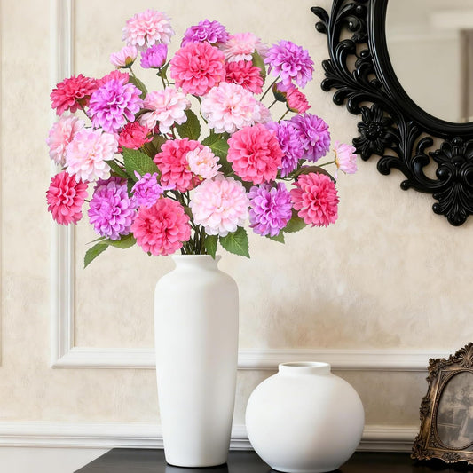 Artificial Flowers for Vase,12 Bunches Fake 27.5“ Long Stems Silk Pompon Dahlia For Indoor Outdoors Home Decor, Front Door Porches Yard Patio Garden Planters - [4 Purple + 4 Rose Red + 4 Pink ]