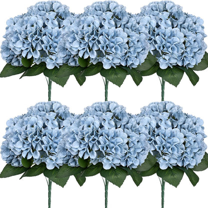 Dusty Blue Hydrangea Artificial Flowers Bulk - 6 PCS Large 54 Heads | Faux Silk Hydrangeas Bouquets for Wedding Events Party Table Centerpieces Decorations