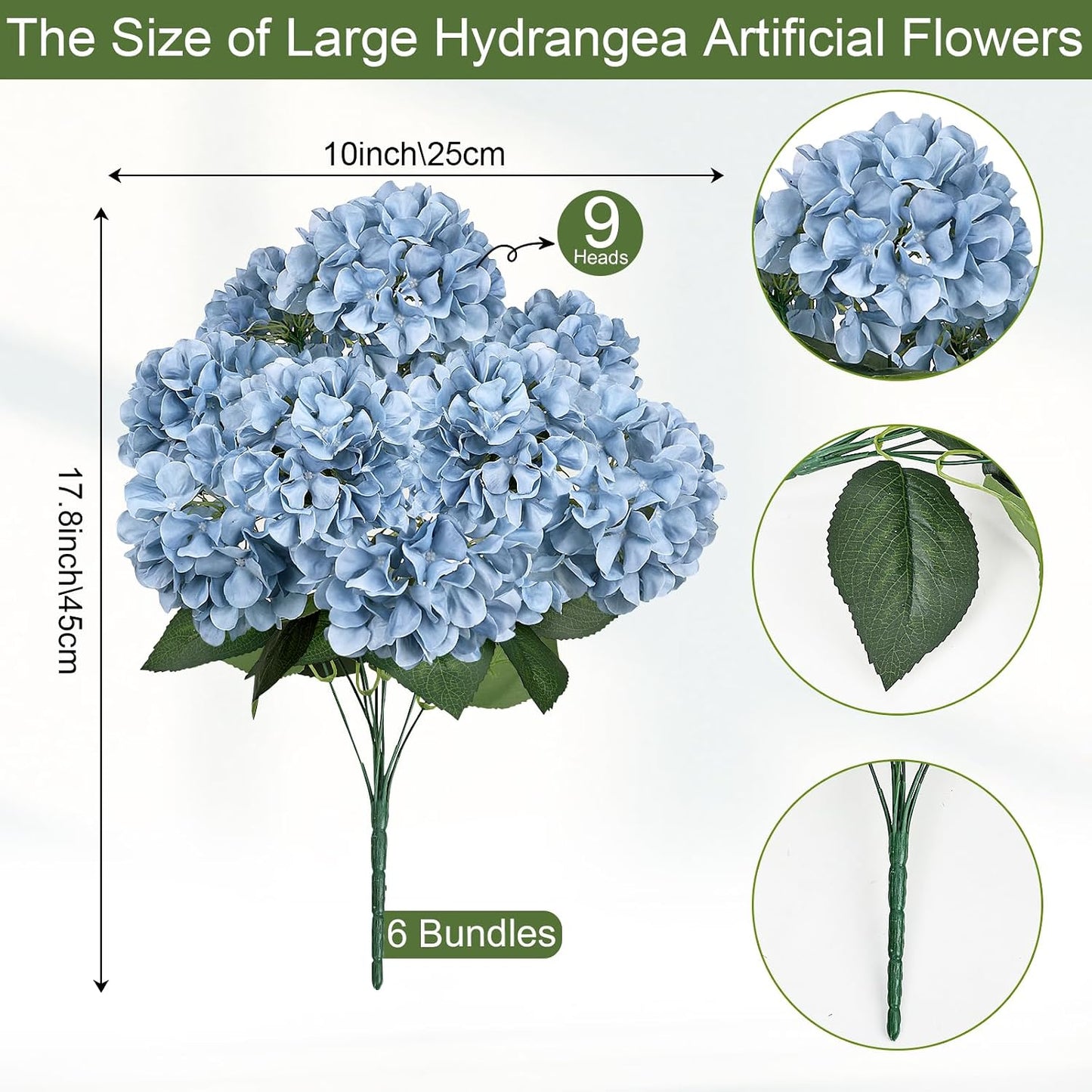 Dusty Blue Hydrangea Artificial Flowers Bulk - 6 PCS Large 54 Heads | Faux Silk Hydrangeas Bouquets for Wedding Events Party Table Centerpieces Decorations