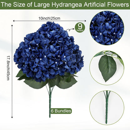 Dusty Blue Hydrangea Artificial Flowers Bulk - 6 PCS Large 54 Heads | Faux Silk Hydrangeas Bouquets for Wedding Events Party Table Centerpieces Decorations