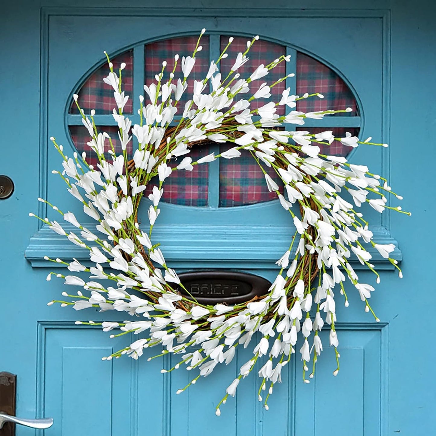 Ochine Artificial Forsythia Flower Wreath, Artificial Pink Forsythia Flower Wreath, Spring Wreath Summer Wreath Grapevine Yellow Wreath All Year Around Wreath for Front Door Wall Window Home Decor