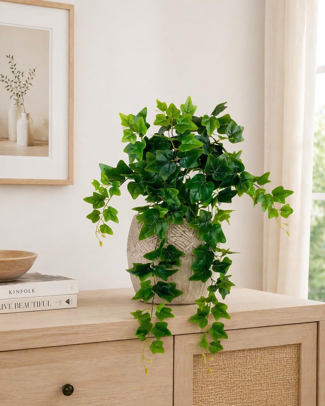 Fake Hanging Plant, Trailing Artificial Ivy Plant 32, Faux Trailing Plant Ivy Vine for Indoor Décor, Realistic Greenery Stem for Planters, Shelves & Wall Hanging Plants (No Pot)