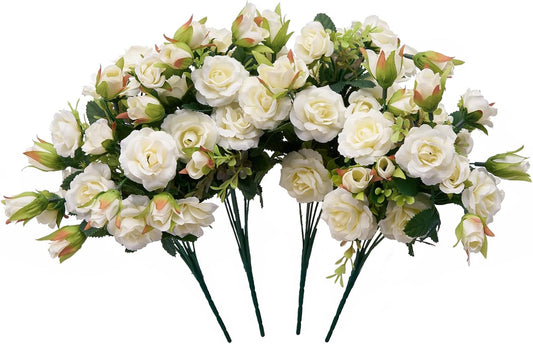 Small White Mini Roses Bouquet, Realistic Creamy White Flowers, Faux Wildflowers Bush for Decoration, Perfect for Weddings and Parties, 11'', Set of 4