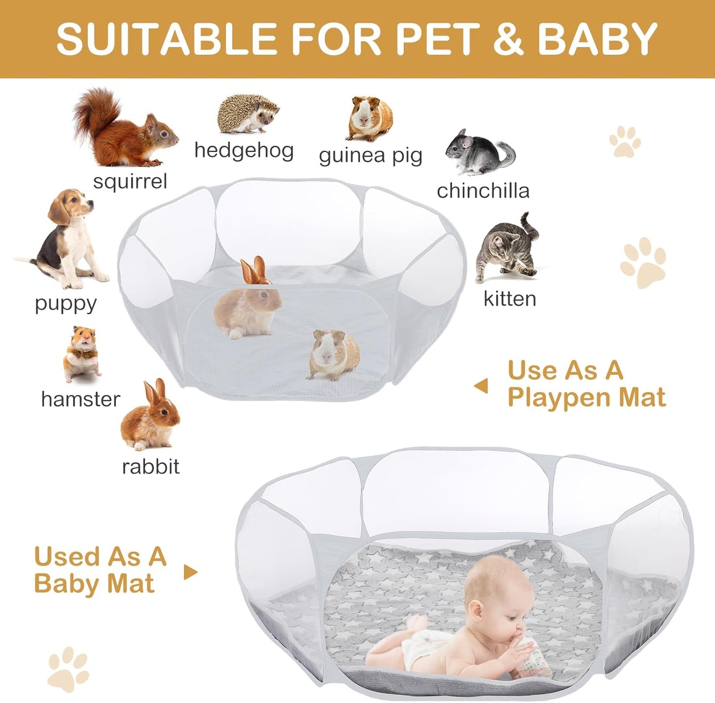 Hamster Playpen with Mat Small Animal Cage Tent Breathable Transparent Guinea Pig Playpen Waterproof Portable Yard Fence Mat Foldable Exercise Playpen Outdoor Indoor (Blue,Star)