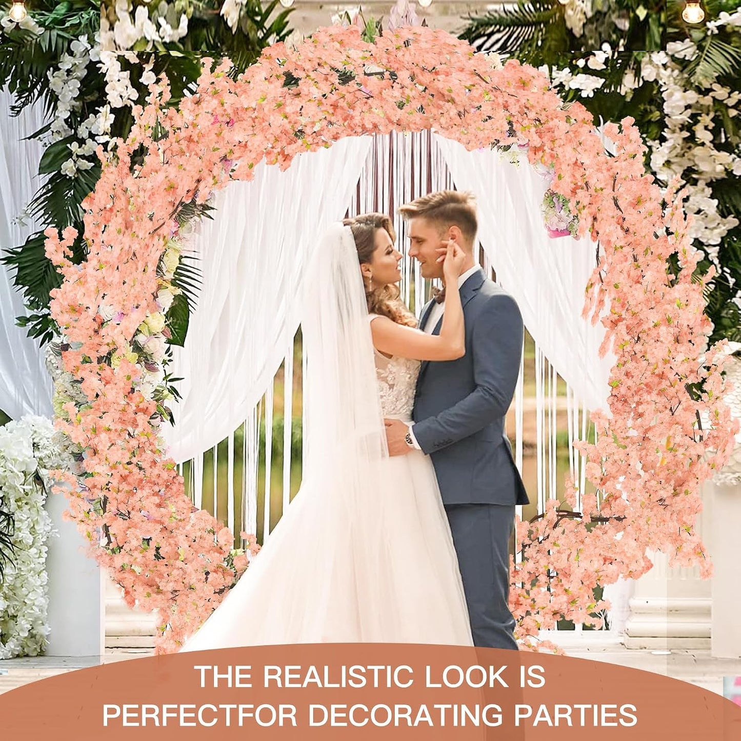 4 Pack 6.5 FT Champagne Pink Cherry Blossom Vines with LED Lights | Four 6.5 Ft Champagne Pink Blossom Vines with LED Lights for Weddings, Parties, Offices and Indoor or Outdoor Decor.