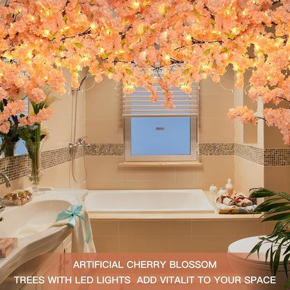 4 Pack 6.5 FT Champagne Pink Cherry Blossom Vines with LED Lights | Four 6.5 Ft Champagne Pink Blossom Vines with LED Lights for Weddings, Parties, Offices and Indoor or Outdoor Decor.