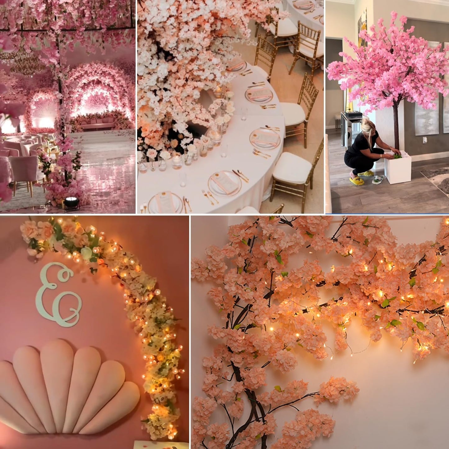 4 Pack 6.5 FT Champagne Pink Cherry Blossom Vines with LED Lights | Four 6.5 Ft Champagne Pink Blossom Vines with LED Lights for Weddings, Parties, Offices and Indoor or Outdoor Decor.