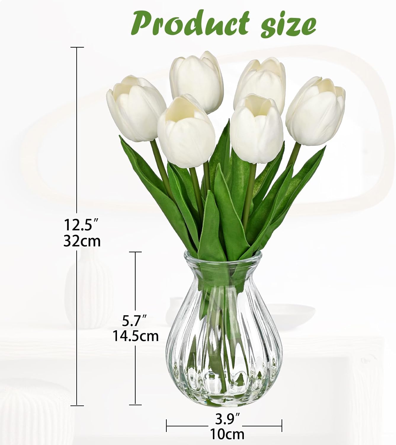 Artificial Tulips Flowers Floral Arrangement - 6 Pcs Faux Flowers in Clear Glass Vase with Faux Water 12.5" Pink & White Ombre Fake Tulip Bouquet Centerpiece for Dining Table Home Wedding Office Decor