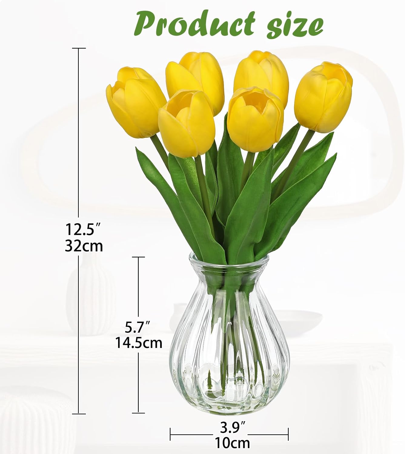 Artificial Tulips Flowers Floral Arrangement - 6 Pcs Faux Flowers in Clear Glass Vase with Faux Water 12.5" Pink & White Ombre Fake Tulip Bouquet Centerpiece for Dining Table Home Wedding Office Decor
