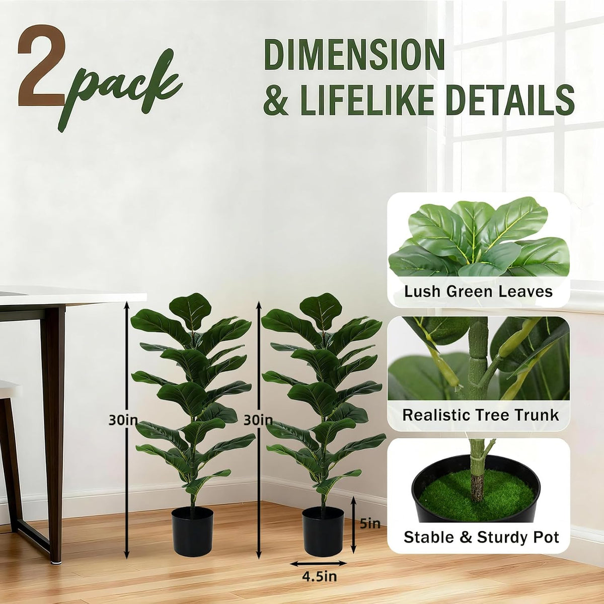 2 Pack Artificial Fiddle Leaf Fig Tree - 30" Fake Ficus Lyrata Artificial Tree in Pots, Fake Plants Indoor for Home or Office Decor, Artificial Plants Floor Housewarming Gift