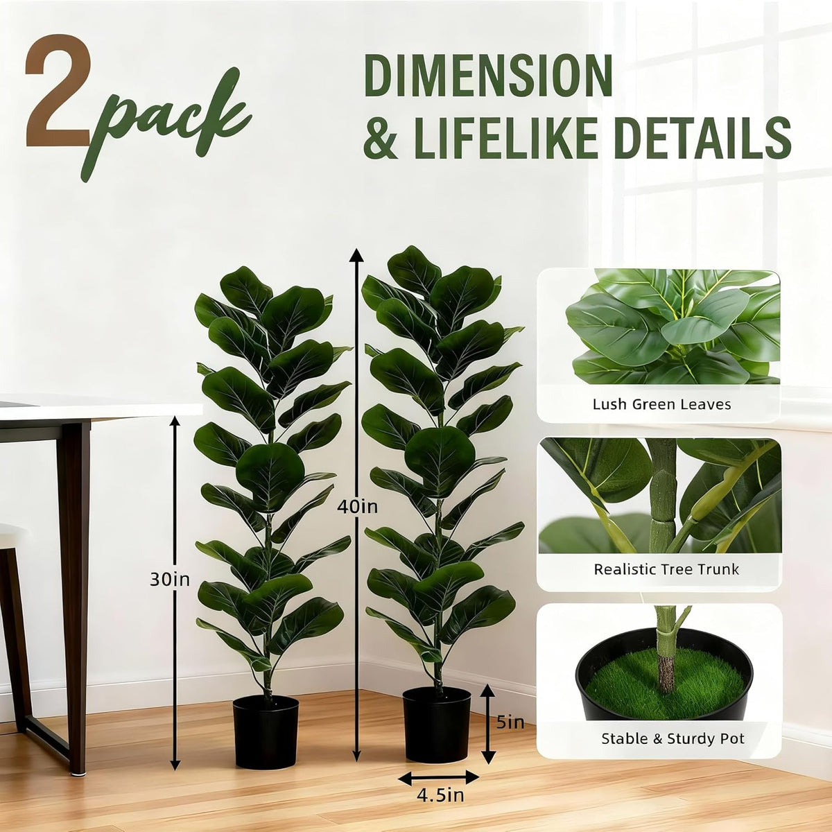 2 Pack Artificial Fiddle Leaf Fig Tree - 30" Fake Ficus Lyrata Artificial Tree in Pots, Fake Plants Indoor for Home or Office Decor, Artificial Plants Floor Housewarming Gift