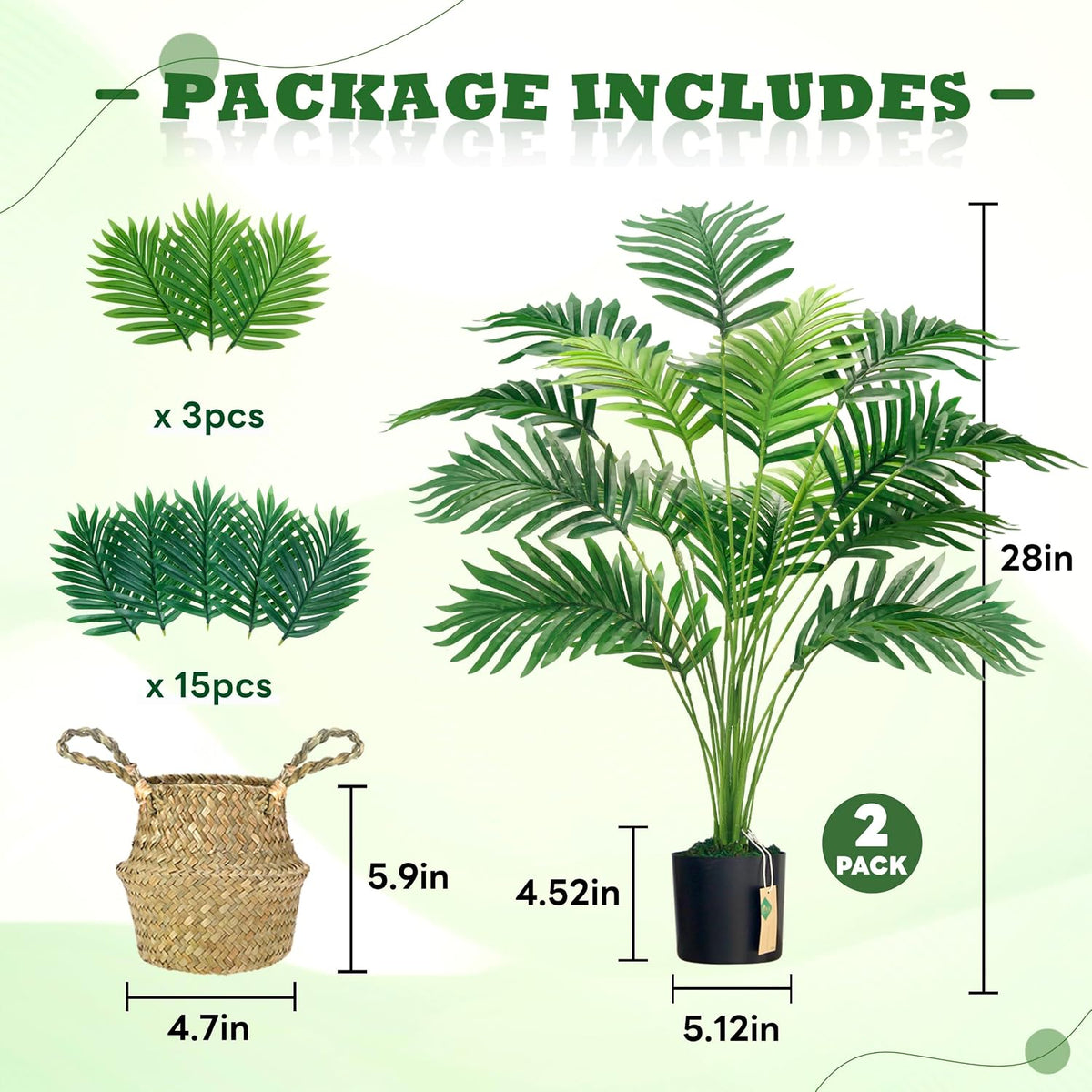 2Pcs 28" Fake Palm Trees, Artificial Floor Plants in Woven Baskets | Arrange together for a fuller green corner or separate beside sofas and beds to carry a coordinated boho look across rooms
