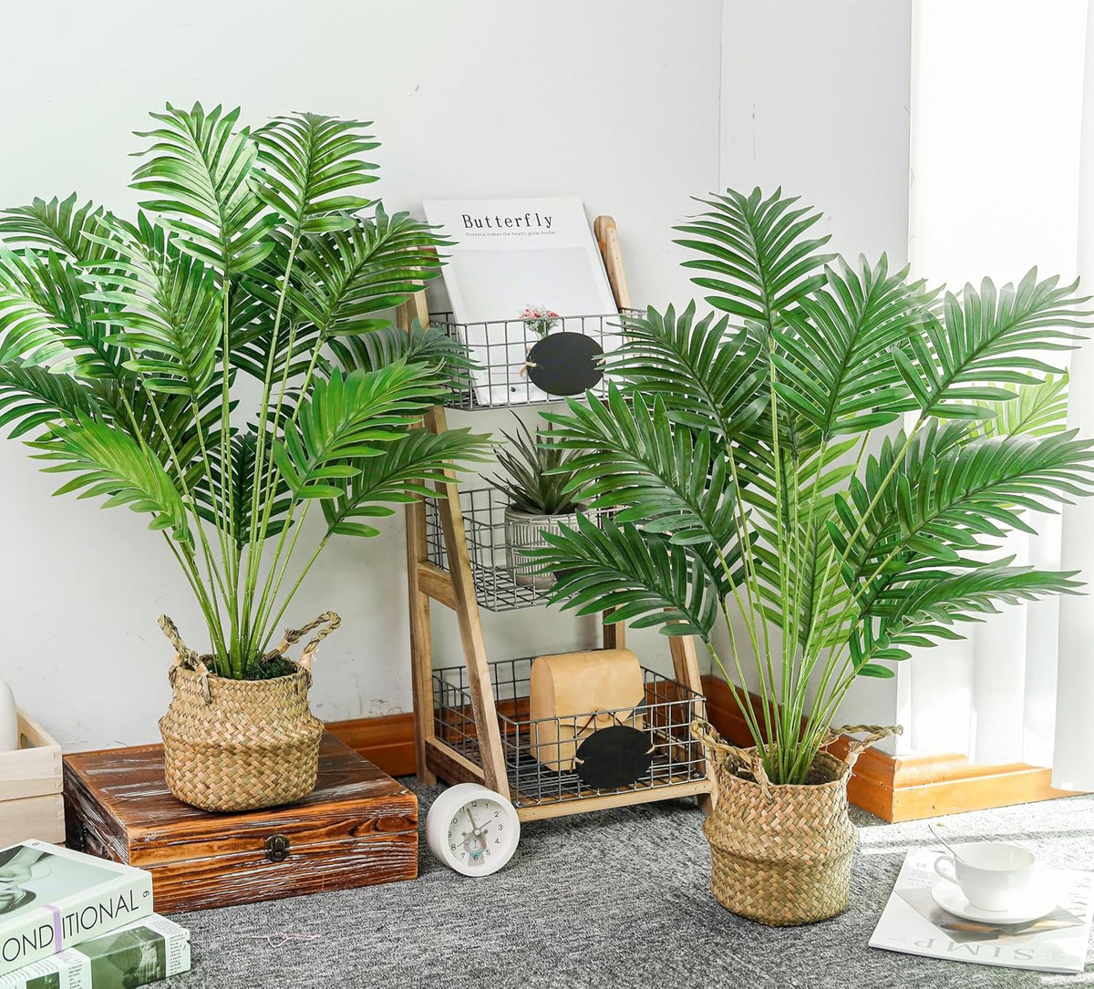 2Pcs 28" Fake Palm Trees, Artificial Floor Plants in Woven Baskets | Arrange together for a fuller green corner or separate beside sofas and beds to carry a coordinated boho look across rooms