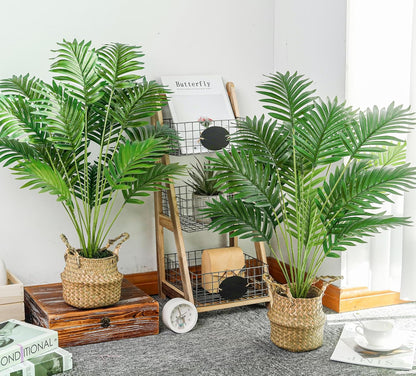 2Pcs 28" Fake Palm Trees, Artificial Floor Plants in Woven Baskets | Arrange together for a fuller green corner or separate beside sofas and beds to carry a coordinated boho look across rooms