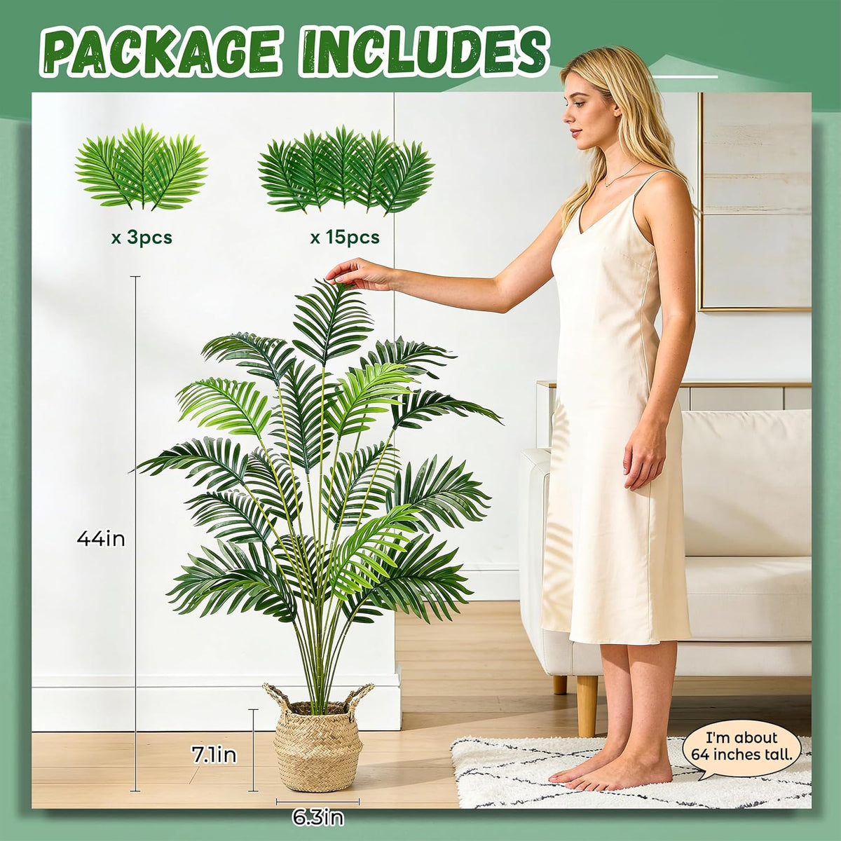 2Pcs 28" Fake Palm Trees, Artificial Floor Plants in Woven Baskets | Arrange together for a fuller green corner or separate beside sofas and beds to carry a coordinated boho look across rooms