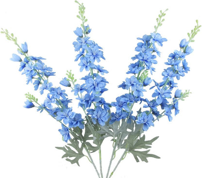 Blue Silk Larkspur Flowers 4pcs Artificial Delphinium Faux Snapdragon Long Stem Fake Plant Spray Arrangement for Home Decor Indoor Outdoor Office Garden Wedding Table Vase Decor (Blue)