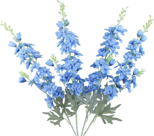 Blue Silk Larkspur Flowers 4pcs Artificial Delphinium Faux Snapdragon Long Stem Fake Plant Spray Arrangement for Home Decor Indoor Outdoor Office Garden Wedding Table Vase Decor (Blue)