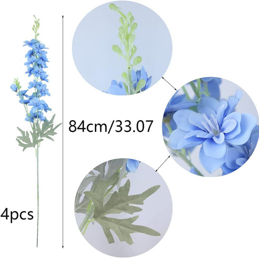 Blue Silk Larkspur Flowers 4pcs Artificial Delphinium Faux Snapdragon Long Stem Fake Plant Spray Arrangement for Home Decor Indoor Outdoor Office Garden Wedding Table Vase Decor (Blue)