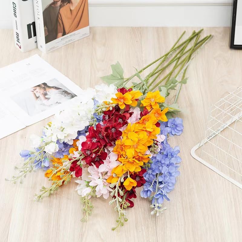 Blue Silk Larkspur Flowers 4pcs Artificial Delphinium Faux Snapdragon Long Stem Fake Plant Spray Arrangement for Home Decor Indoor Outdoor Office Garden Wedding Table Vase Decor (Blue)