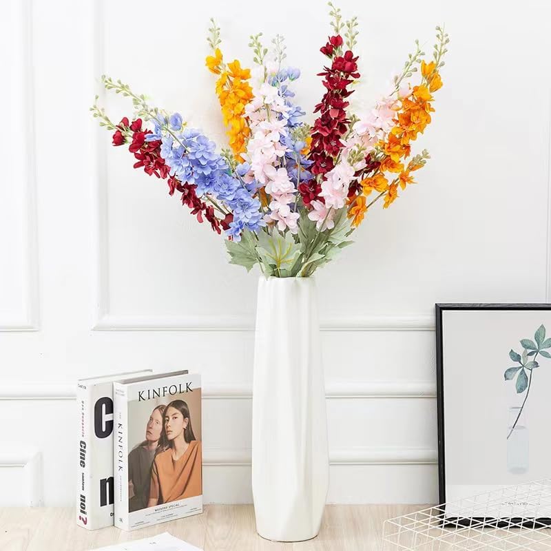 Blue Silk Larkspur Flowers 4pcs Artificial Delphinium Faux Snapdragon Long Stem Fake Plant Spray Arrangement for Home Decor Indoor Outdoor Office Garden Wedding Table Vase Decor (Blue)