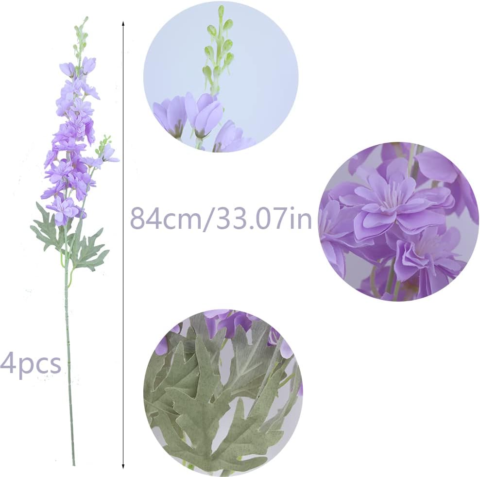 Blue Silk Larkspur Flowers 4pcs Artificial Delphinium Faux Snapdragon Long Stem Fake Plant Spray Arrangement for Home Decor Indoor Outdoor Office Garden Wedding Table Vase Decor (Blue)