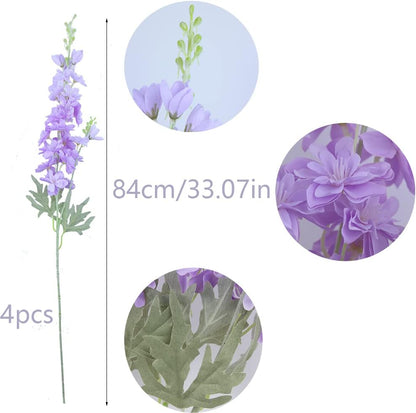 Blue Silk Larkspur Flowers 4pcs Artificial Delphinium Faux Snapdragon Long Stem Fake Plant Spray Arrangement for Home Decor Indoor Outdoor Office Garden Wedding Table Vase Decor (Blue)