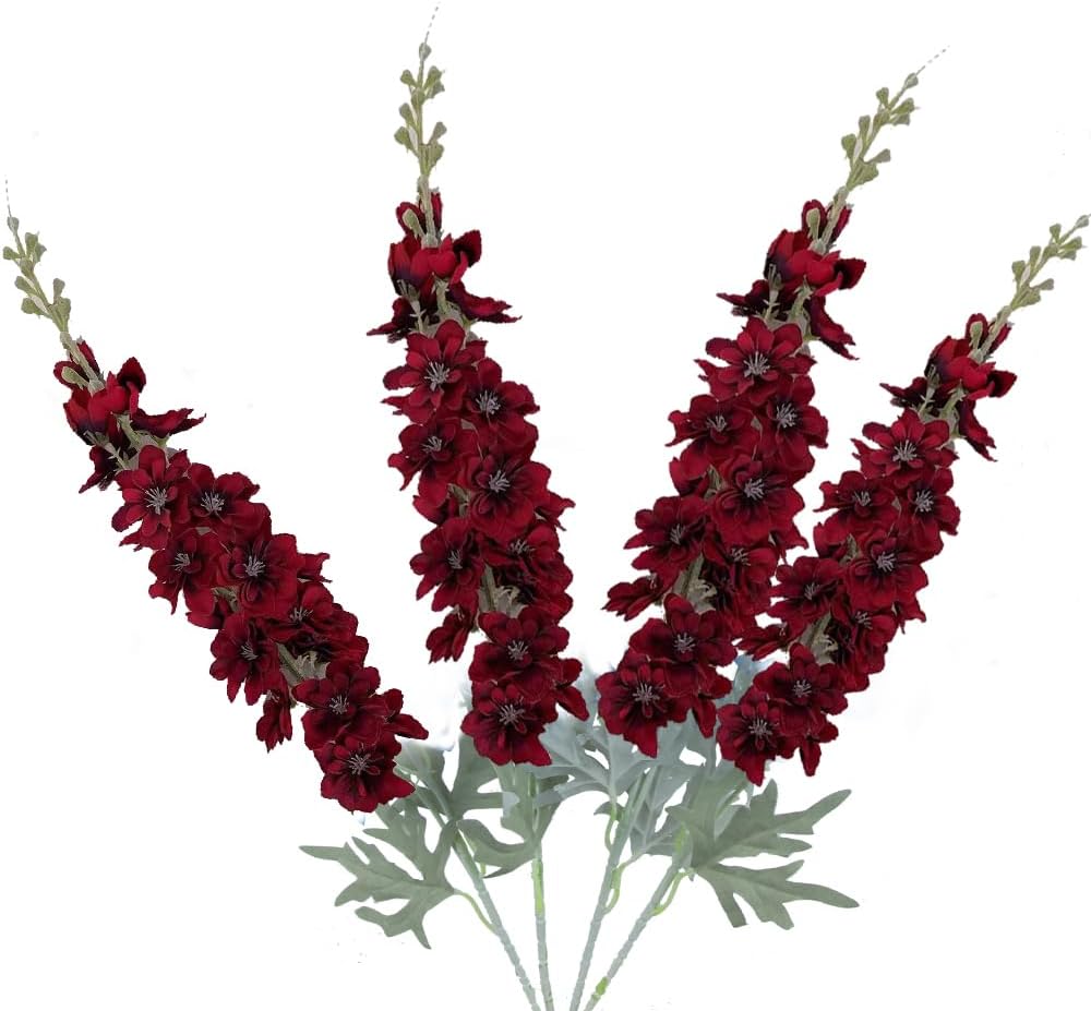 Blue Silk Larkspur Flowers 4pcs Artificial Delphinium Faux Snapdragon Long Stem Fake Plant Spray Arrangement for Home Decor Indoor Outdoor Office Garden Wedding Table Vase Decor (Blue)