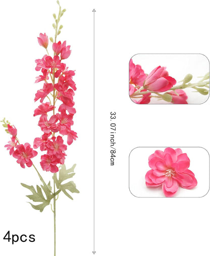 Blue Silk Larkspur Flowers 4pcs Artificial Delphinium Faux Snapdragon Long Stem Fake Plant Spray Arrangement for Home Decor Indoor Outdoor Office Garden Wedding Table Vase Decor (Blue)