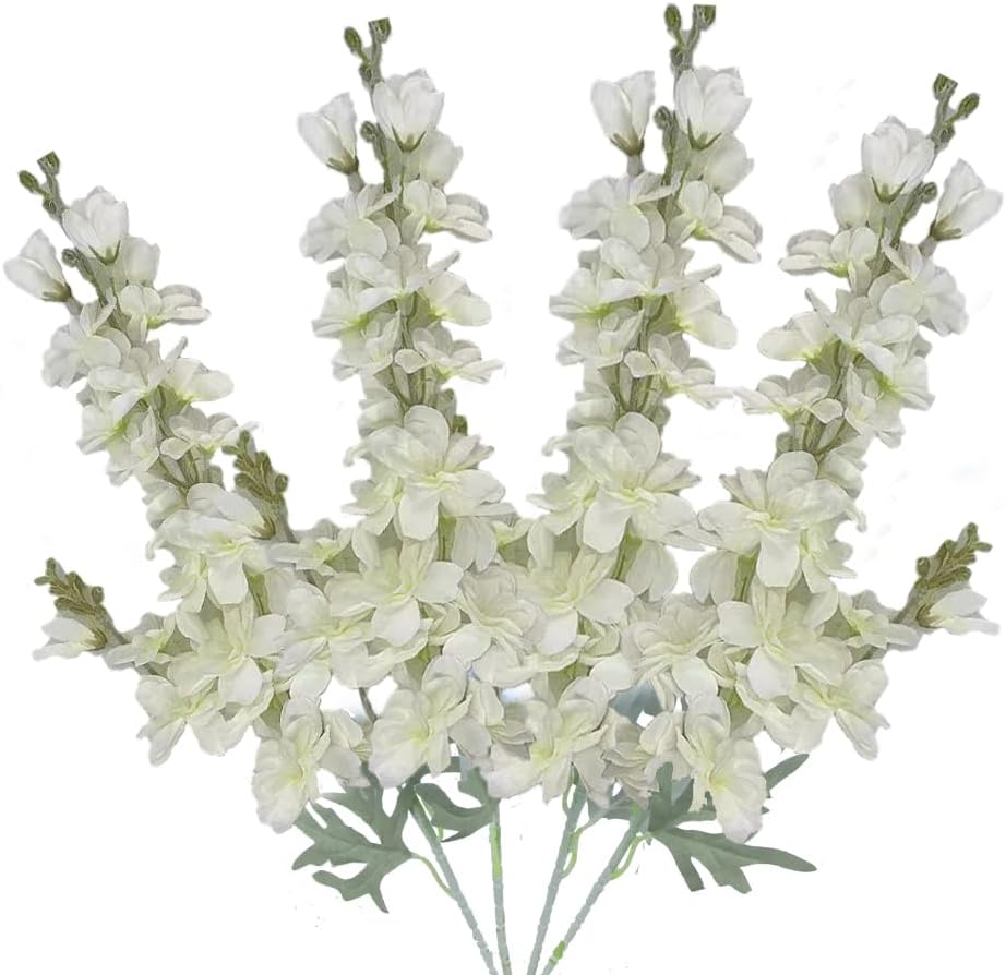 Blue Silk Larkspur Flowers 4pcs Artificial Delphinium Faux Snapdragon Long Stem Fake Plant Spray Arrangement for Home Decor Indoor Outdoor Office Garden Wedding Table Vase Decor (Blue)