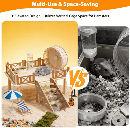 Wooden Hamster Platform and Dwarf Hamster House, Hamster Cage Platform With Climbing Ladder, Cute Syrian Hamster Hideout, Hamster Cage Accessories Platform for Putting Food Bowl, Hamster Gerbil Castle