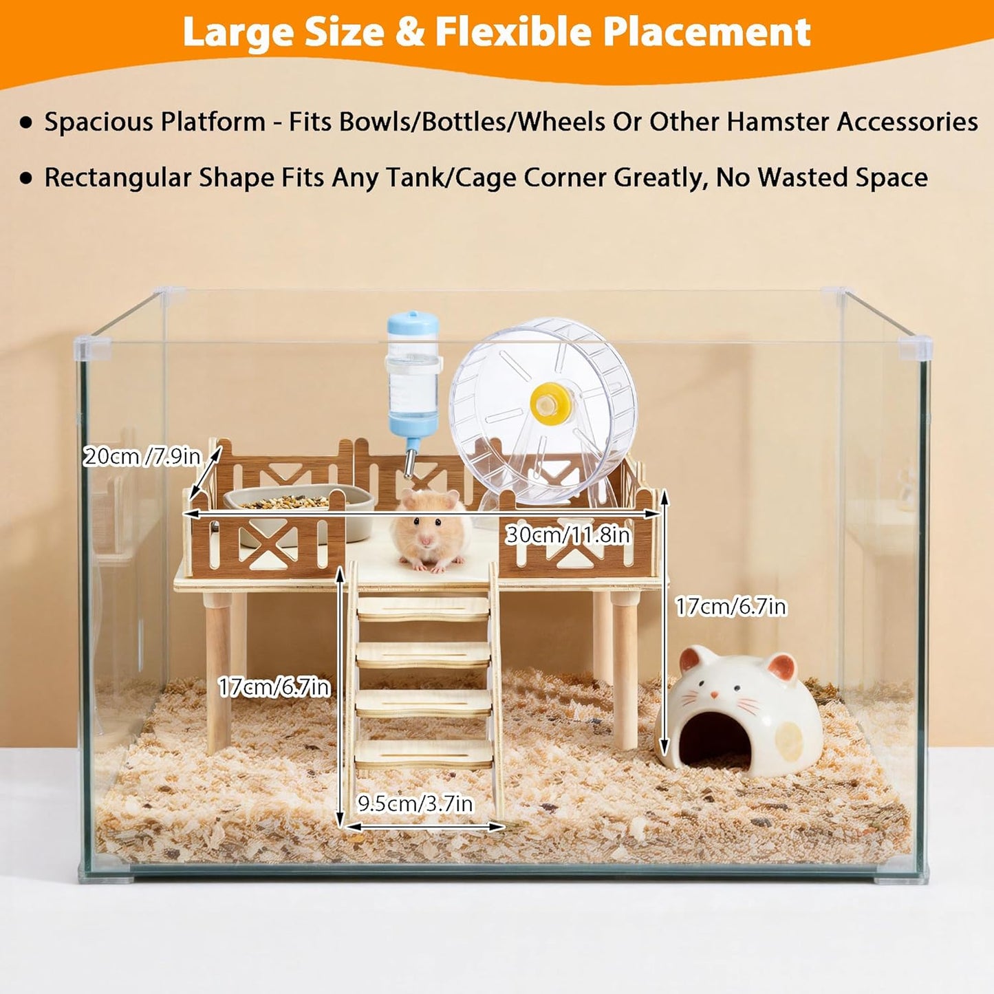 Wooden Hamster Platform and Dwarf Hamster House, Hamster Cage Platform With Climbing Ladder, Cute Syrian Hamster Hideout, Hamster Cage Accessories Platform for Putting Food Bowl, Hamster Gerbil Castle