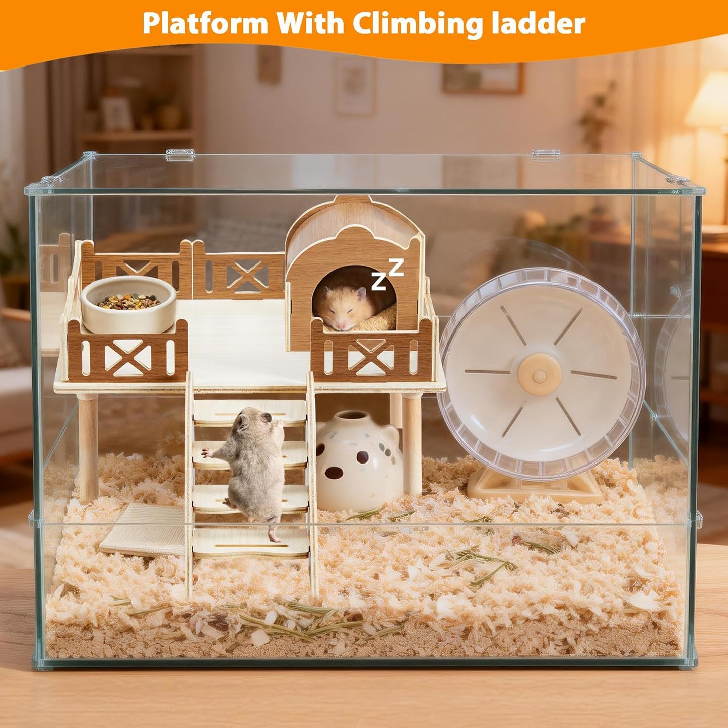 Wooden Hamster Platform and Dwarf Hamster House, Hamster Cage Platform With Climbing Ladder, Cute Syrian Hamster Hideout, Hamster Cage Accessories Platform for Putting Food Bowl, Hamster Gerbil Castle