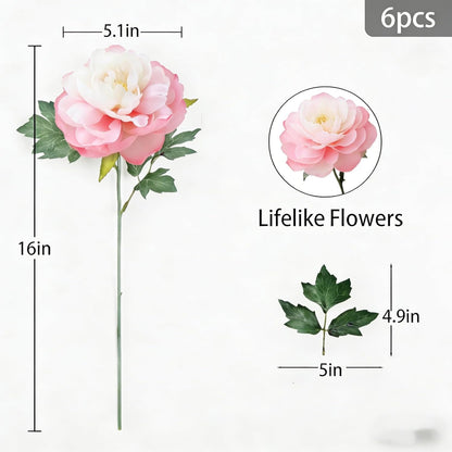 Peonies Artificial Flowers, Realistic Faux Silk Peony, Fake Decorative Floral Arrangements for Home Wedding Decor (6 PCS)