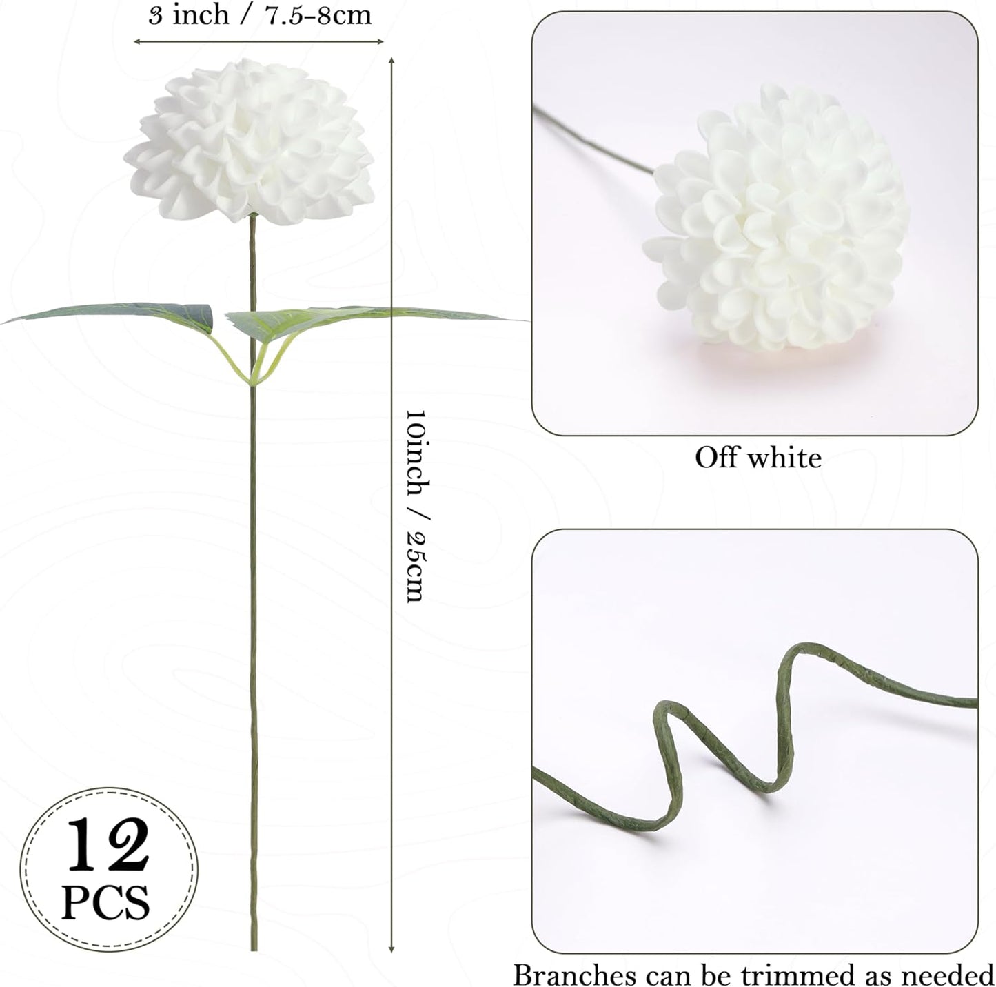 Artificial White Dahlias Flowers 12 Pcs | White Fake Dahlia Flower Foam Flowers with Stems for Wedding Bouquet, Bridal Shower Centerpieces, Party, Home DIY Decor