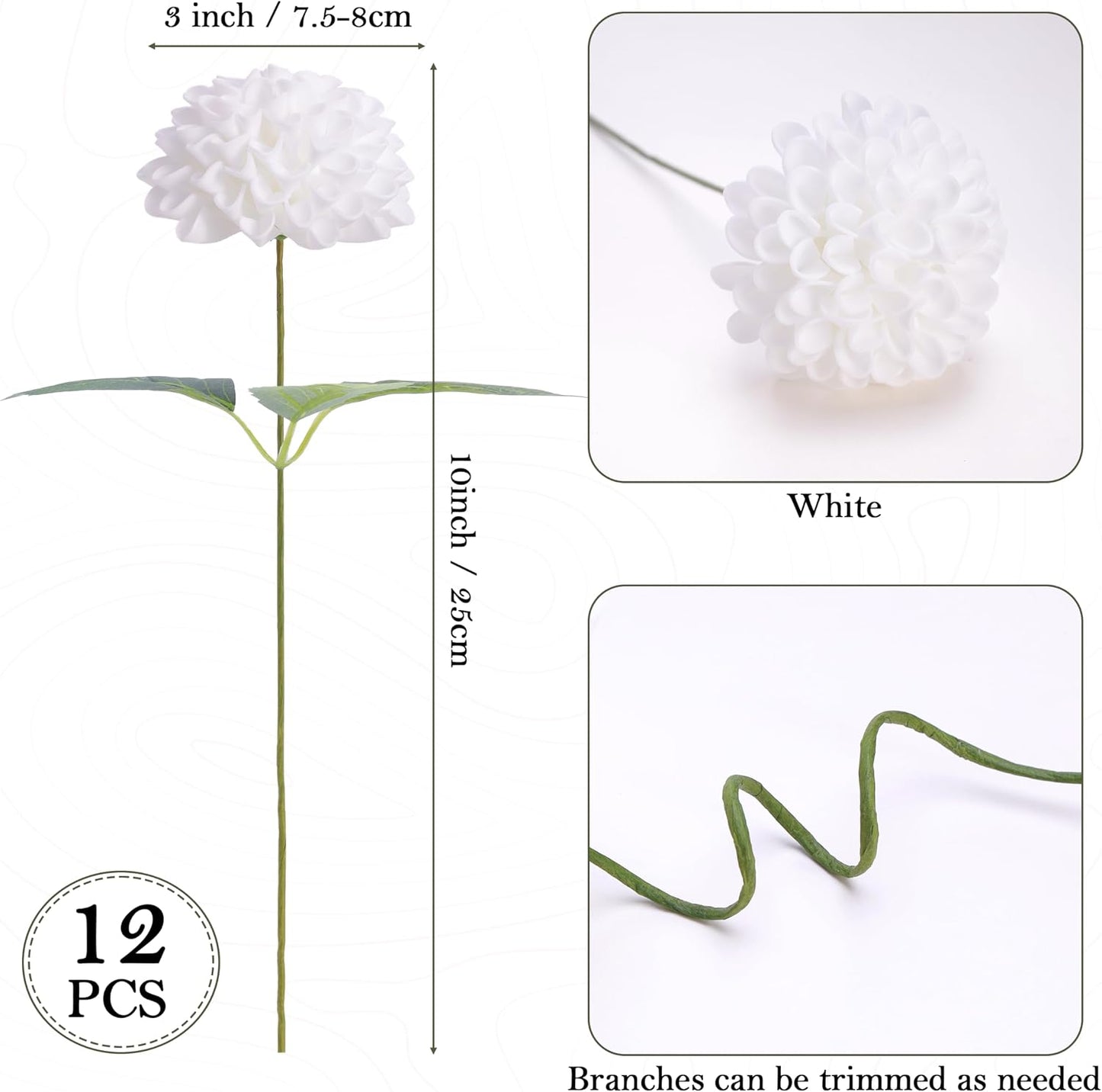 Artificial White Dahlias Flowers 12 Pcs | White Fake Dahlia Flower Foam Flowers with Stems for Wedding Bouquet, Bridal Shower Centerpieces, Party, Home DIY Decor