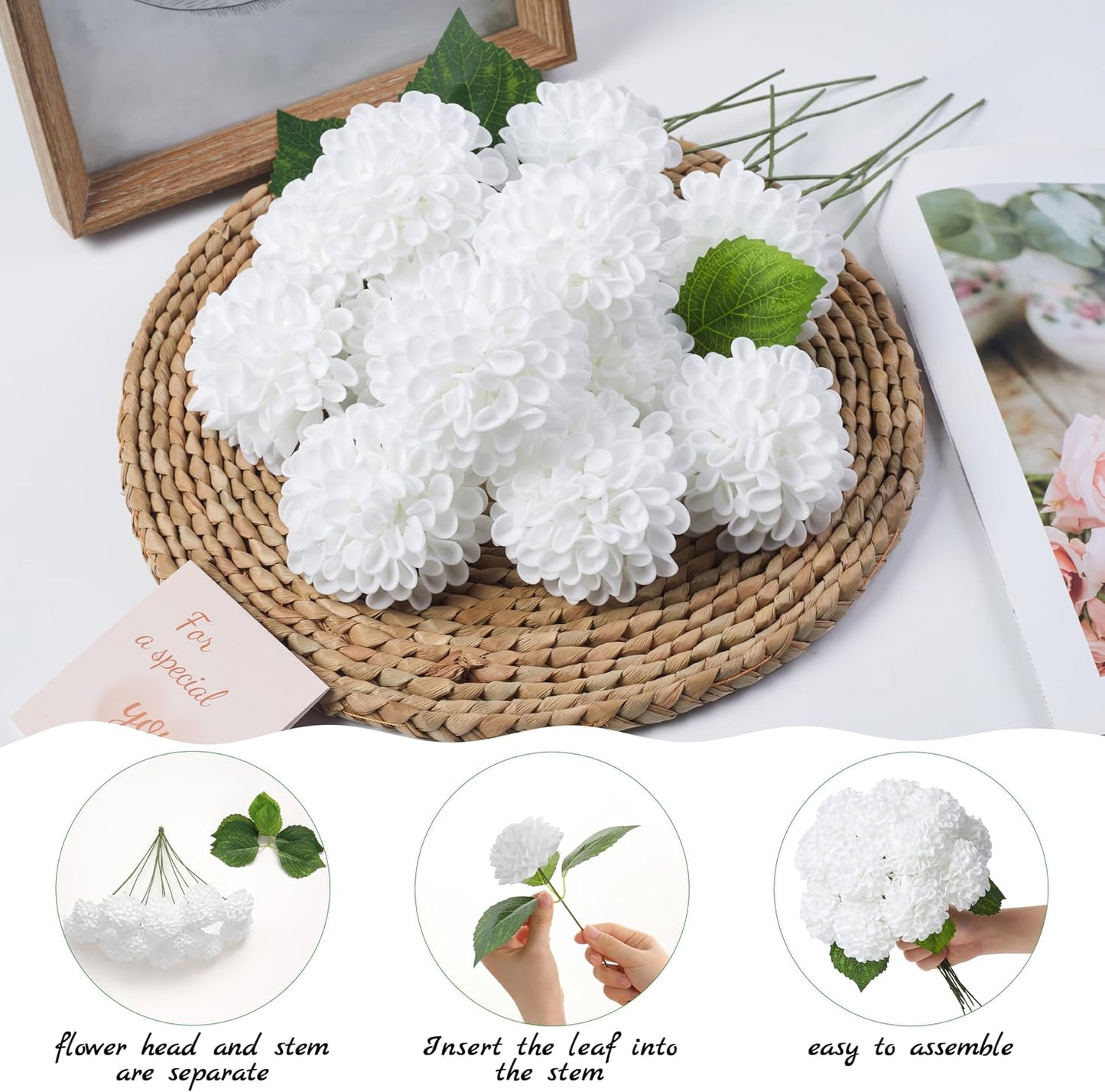 Artificial White Dahlias Flowers 12 Pcs | White Fake Dahlia Flower Foam Flowers with Stems for Wedding Bouquet, Bridal Shower Centerpieces, Party, Home DIY Decor
