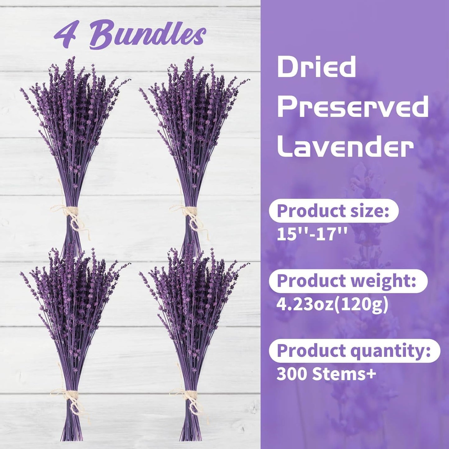 Dried Lavender Flowers Real Stems, Preserved Lavender Bouquet 15-17" Purple | 100% Natural, lavender bundle for shower, home decor, vase filler, wedding decor, aromatherapy, DIY crafts, 50g (1.76 oz)