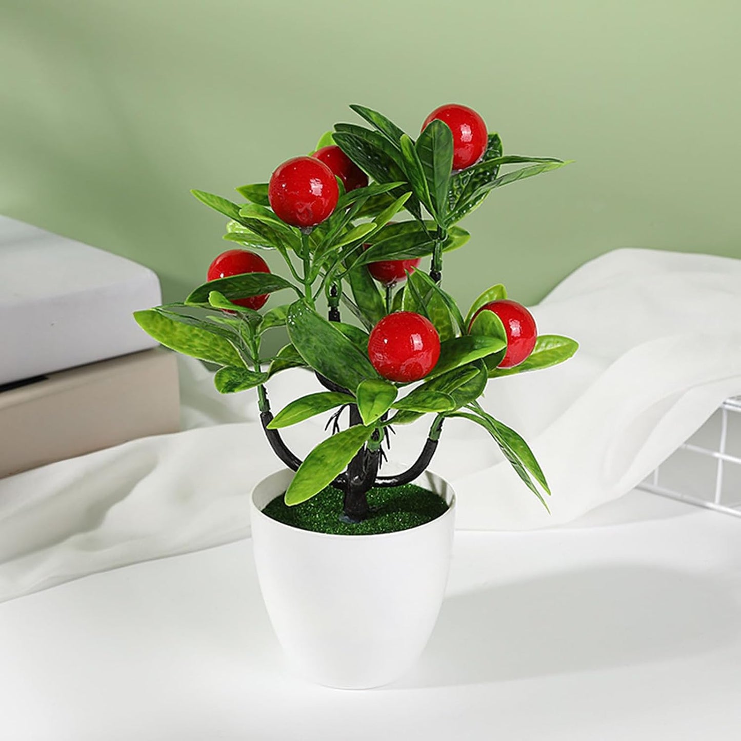 Mini Artificial Fruit Tree Potted Fake Bonsai Plant with Pot Decorative Lifelike Peach Strawberry Pomegranate Lemon Apple Orange Red Berry Tree for Home Office Desk Scenery Arrangement (Peach)