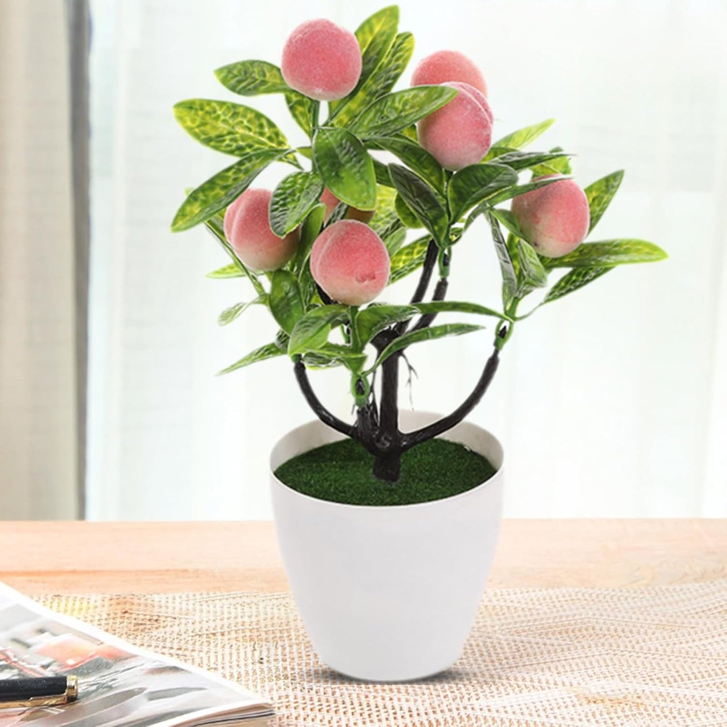 Mini Artificial Fruit Tree Potted Fake Bonsai Plant with Pot Decorative Lifelike Peach Strawberry Pomegranate Lemon Apple Orange Red Berry Tree for Home Office Desk Scenery Arrangement (Peach)