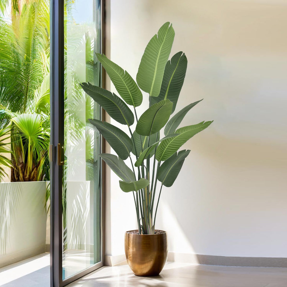 7FT Artificial Bird of Paradise Tree 82 Inch Tall Faux Silk Plants Banana Leaf with 19 Trunks in Black Pot for Home Decor Living Room Office Bedroom